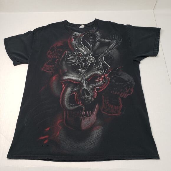 Vintage Gildan Skull Dragon T-Shirt Mens Large Black Grunge Distressed Goth - Picture 1 of 16